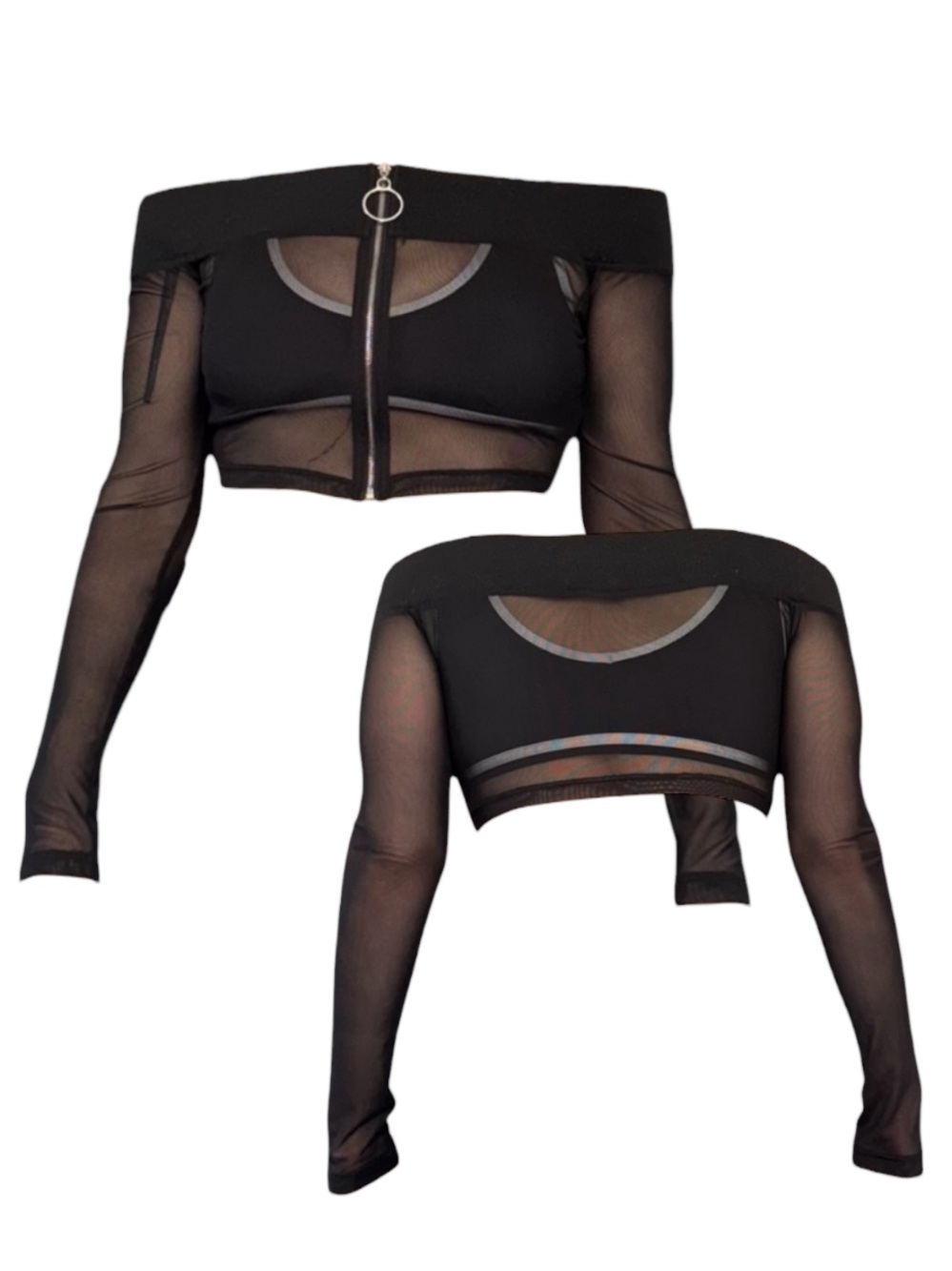 Black Mesh Off-Shoulder Zip-Front Crop Top